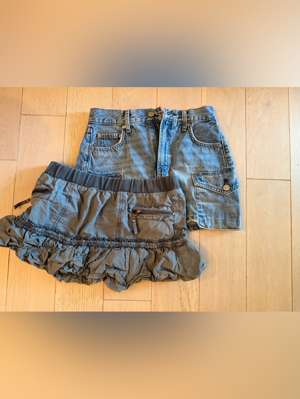 Denim Mini Skirt and Ruffle Cargo Mini Skirt Set - Blue and Gray
